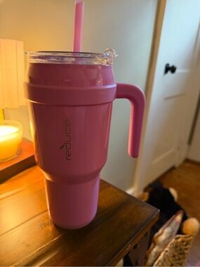 Reduce Pink Insulated Travel Mug with Handle and Straw